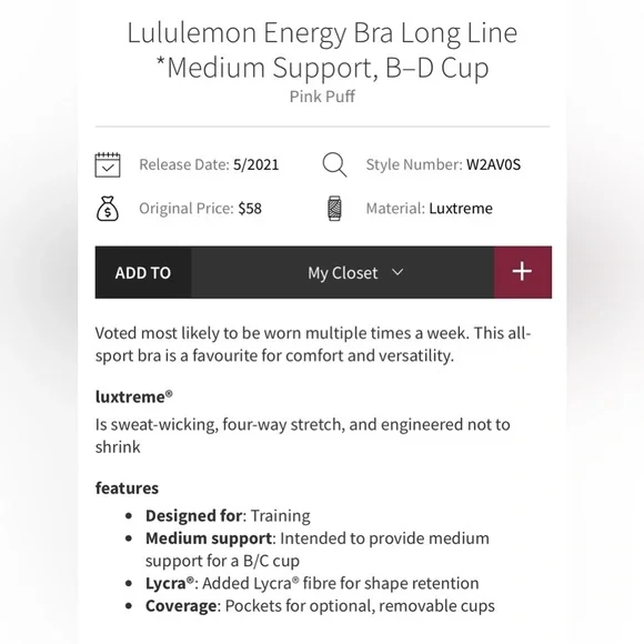 Lululemon NWT Energy Bra Longline Pink Puff Color Size 10 B/D